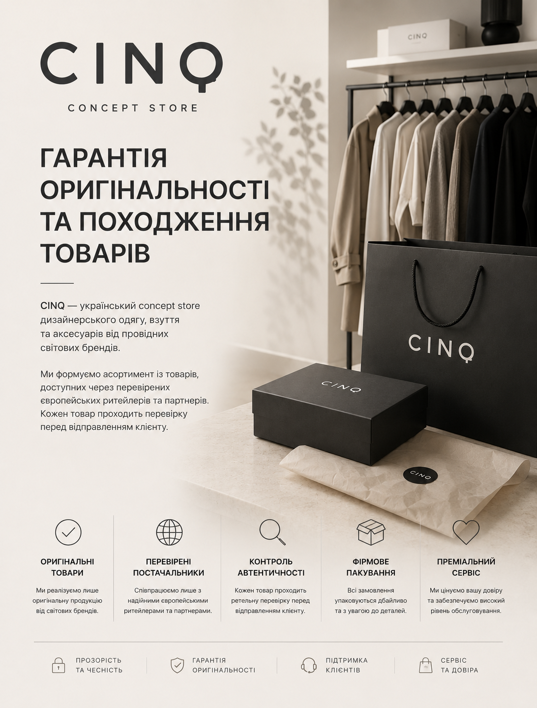 Гарантія оригінальності товарів CINQ