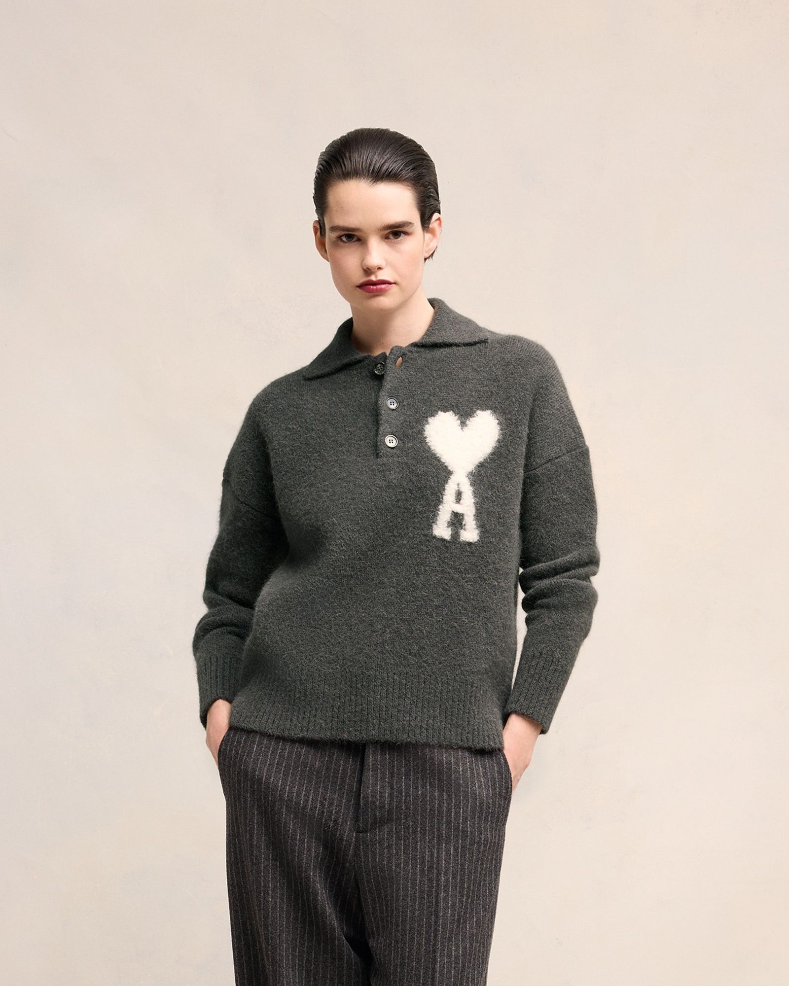 Ami Paris Grey Sweater Polo with Off White logo 0276893