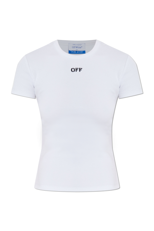 Off-White WHITE Ribbed T-shirt with Embroidered Logo 1